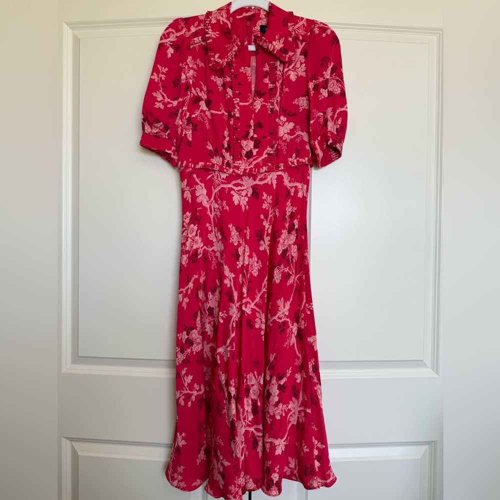 ME+EM 2 Modern Botanical Print Midi Dress Raspberry Red EUC Floral Short Sleeve - Picture 8 of 16